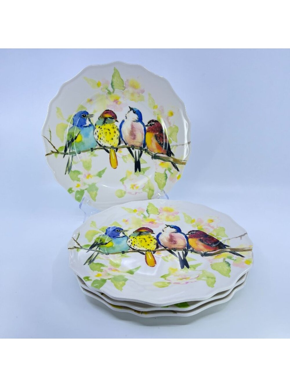 vintage pier 1 "spring birds" dinner plate set of 4 scalloped edge